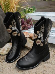 Women Embroidery Ankle Boots, Vintage Chunky Heel Boots, New Spring & Autumn Short Boot, Western Style Long Shaft Boot,Party