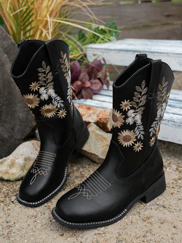 Damen Stickerei Knöchel Stiefel, Vintage Plateau Absatz Stiefel, Neue Frühlings- & Herbst Kurzschaft Stiefel, Western Stil Langschaft Stiefel, Party