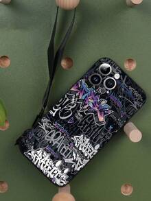 1 个黑色 TPU 街头涂鸦文字图案防震手机壳和 1 个黑色手榴弹扣腕带，兼容手机壳，兼容三星 Galaxy A14、A54、A52、A31 4G、A23、Redmi Note 8 Pro、Note 11 Pro 4G、Note 12 4G、OPPO A54、16 Pro Max 防水防摔防刮