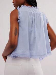 Women Lace Trim Vest Tank Tops Y2K Fairy Sleeveless Tie Button Front Sheer Mesh Crop Tops Summer Going Out Tops Cute Loose Fit Cami Shirt  Aesthetic Clothes - 藍色 - 查看 2