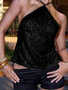 Women Sleeveless Halter Tops Summer Shiny Sequins Tie Up Backless Shirts For Streetwear Aesthetic Grunge Clothes - 黑色 - 查看 3