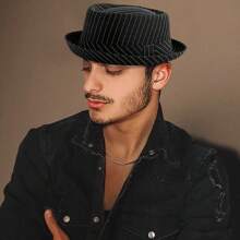 JEWELRYWE Men's And Women's Striped Tweed Hats, Classic Short-Brimmed Manhattan Jazz Hats, Unisex Dress Hats, Felt Hats, Suitable For Daily Matching And Formal Occasions