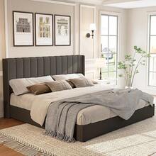 Queen/King Size Lift Up Storage Bed Frame, Linen Upholstered Platform Bed With Vertical Channel Tufted Wingback Headboard, Hydraulic System Design And Wood Slats Support, No Box Spring Needed, Elegant Bedroom Furniture, Dark Grey - 深灰色 - 查看 2