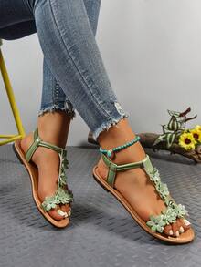 Women's Fashion Comfortable Sandals, Versatile Embroidered Beach/Outdoor Flat Sandals,Boho Style,Spring Summer Outfits - Green - View 6