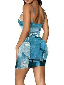 Nimsruc Women Bodycon Dress Summer Short Backless Spaghetti Strap Dresses - 6667 Denim Print - View 4