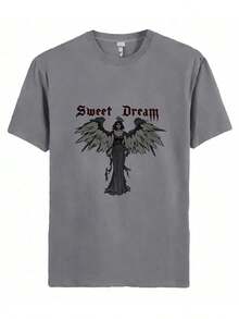 2025 Summer New Hot Selling T-Shirts- Stylized Illustration Of An Angel With Wings And A Halo, Accompanied By A Text That Reads, Angel. Bruce In  With Me Than As One In Heaven - 灰色 - 查看 1