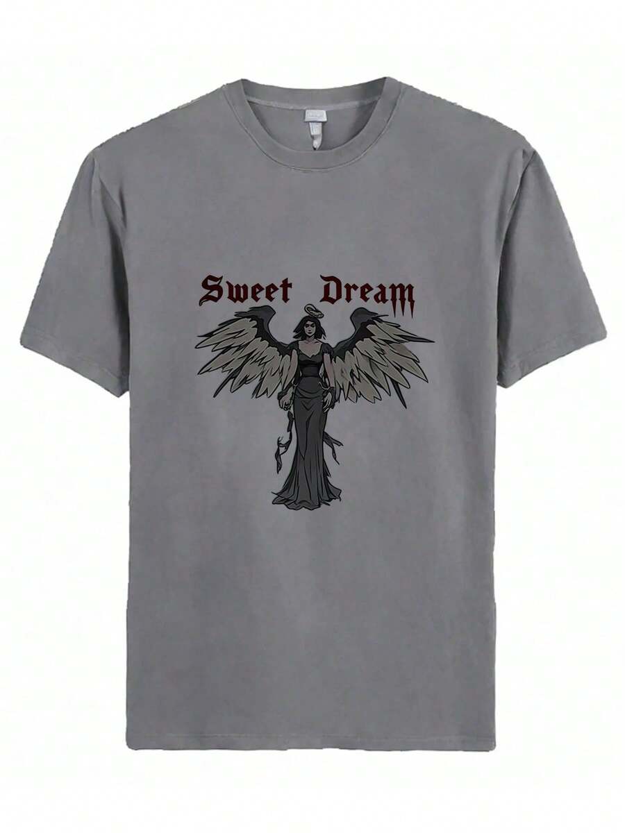 2025 Summer New Hot Selling T-Shirts- Stylized Illustration Of An Angel With Wings And A Halo, Accompanied By A Text That Reads, Angel. Bruce In With Me Than As One In Heaven - 灰色 - 查看 1