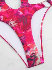 1pc Women's One-Piece Sexy Hollow Out Tie-Dye Printed Swimsuit With Circle Decor - Burgundy - View 6