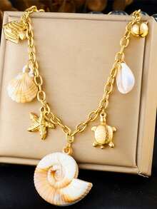 1 Stück kreativ und personalisiertes Meereslebens-Accessoire, inklusive Muscheln, Jakobsmuscheln, Seesterne, Krabben, Schildkröten, herzförmiger Mondanhänger, Kette, Edelstahl-Halskette