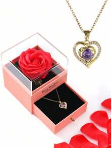 1 Set Artificial Rose Gift Box Necklace, "I Love You" In 100 Languages Necklace, Mother's Day, Valentine's Day Gift For Mom, Wife, Daughter, Grandma, Granddaughter