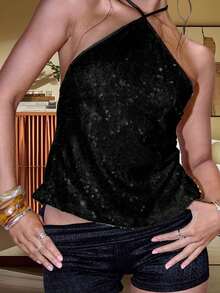 Women Sleeveless Halter Tops Summer Shiny Sequins Tie Up Backless Shirts For Streetwear Aesthetic Grunge Clothes - 黑色 - 查看 2