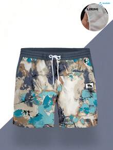 Men's Summer Printed Pattern Drawstring Waist Slant Pocket Hawaiian Quick-Dry Double-Layer Mesh Lined Shorts, Coconut Tree 3D Artistic Print, Fashion Casual Beachwear Swim Trunks - Multicolor - View 3