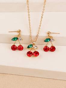 3pcs/Set Fashion Jewelry Set, Including Necklace And Earrings, Silver Tone Cherry Pendant With Rhinestones, Fruit Design Pendant With Rhinestones, Suitable For Ladies Everyday Wear - Multicolor - View 5