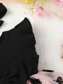 2pcs Set, Casual Elegant Sweet Cute Baby Girl Dress, Soft & Comfortable, Bow Decor Ruffle Hem Floral Embroidery Mesh Princess Dress & Headband Set, Baby Girl Clothing, Toddler Girl Outfit, Suitable For Daily Wear, Vacation, Party, Photography