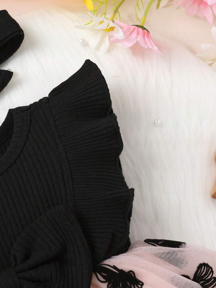 Set de 2 piezas, vestido elegante y dulce casual para niña bebé, suave y cómodo, con decoración de moño, volantes en el bajo, bordado floral y malla, vestido de princesa y diadema, ropa de niña bebé, conjunto para niña pequeña, adecuado para uso diario, vacaciones, fiestas, fotografía - Rosa - Añade 5