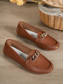 New Spring Women's Chain Decorated Loafers, Soft Leather Slip-On Flat Penny Loafers - Brown - View 4