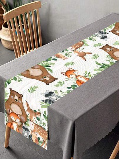 1pc Woodland Animals Theme Linen Table Runner, Green Forest Party Decorations Table Cover, Rustic Party Decorations Tablecloth, 1st Birthday Decor, Party Decorations Table Cloth, Cabinet Decorations Covers, Dining Table Decor, Kitchen Decor Dining Room Decorations Table Flag, Room Decorations Home Decor Table Skirt, Party Favor, Birthday Gifts