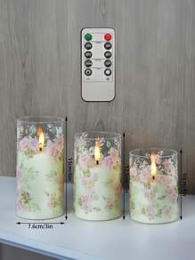 3 pièces Bougies sans flamme roses, bougies à LED clignotantes à piles à thème de l'amour en acrylique avec télécommande, autocollants de fleurs roses, bougies de colonne réalistes, convenant à la chambre, à la décoration d'intérieur, à la décoration de table à manger