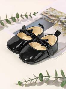 时尚黑色蝴蝶结女婴平底鞋 - 黑色 - 查看 6