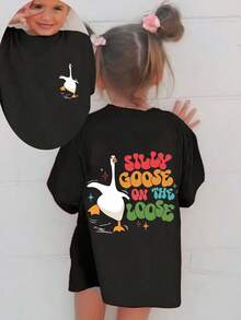 女童鹅标印花圆领短袖T恤，春夏休闲童装 - 黑色 - 查看 4