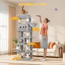 HEXCELEN Cat Tree, 67" Large Tall Cat Tower For Indoor Cats, Multi-Level Cats House With Condo, 8 Scratching Posts, Hammock, 4 Pom Poms, Light Grey - Màu Xám nhạt - Xem 2