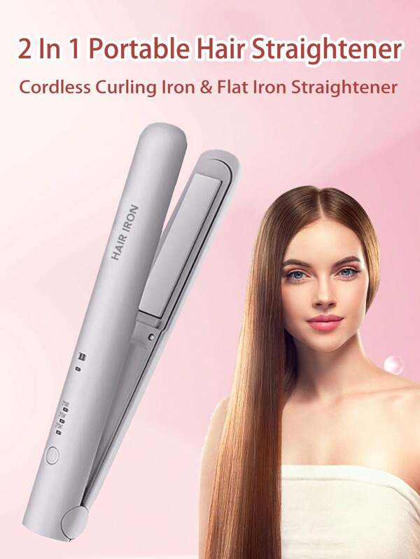 2 en 1 Lisseur de cheveux portable, fer à friser sans fil et lisseur, outil de coiffure rechargeable, chauffage rapide, température constante, température réglable, délicat et léger, convenant à l'utilisation à la maison et lors des voyages