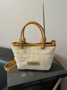 Bolso de mujer tejido, pequeño monedero de paja tejido con estilo, bolso con patrón de letras y ribete de color contrastante, con correa para el hombro larga y bandolera