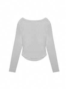 女士方领套头T恤，褶皱设计修身短款露脐上衣，休闲春季款 - 灰色 - 查看 2