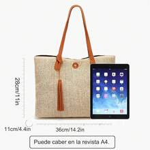 Bolsa de playa para mujer,bolso de hombro para mujer, bolsa de de paja,diseño de cierre magnético, para playa, picnic, vacaciones, compras, gimnasio - Marrón - Ver 11