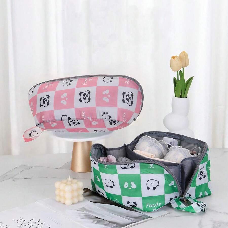 1 قطعة/2 قطعة حقيبة تنظيم الملابس الداخلية بطبعة الباندا الجميلة، سعة كبيرة متعددة الجيوب لتخزين الأغراض في المنزل والسفر، قابلة للطي وللحمل