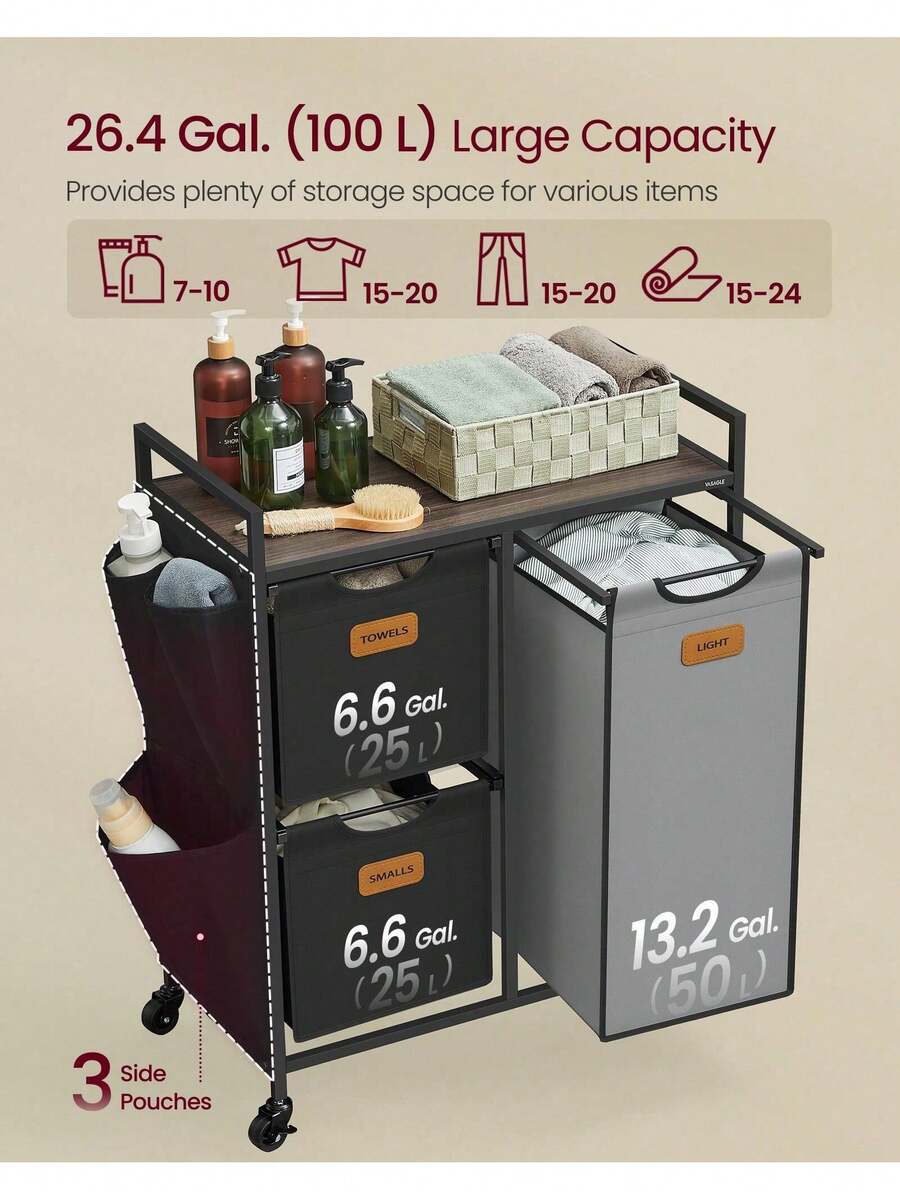 Laundry Hamper With 3 Compartments, 100 L Laundry Sorter, Rolling Laundry Cart With Shelves, Removable Liners, 6 Labels, Ink Black And GreyLaundry Baskets Back To School - Black - View 1