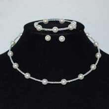 4 Peças Conjunto de Colar, Pulseira e Brincos com Pérola Francesa de Fileira Única, Zircônia, Strass, Acessórios de Vestido de Noiva e Casamento, Colar Gargantilha