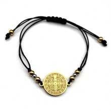 Pulsera ajustable con cadena de cuerda, con medalla de San Benito en color dorado de acero inoxidable, para hombres y mujeres