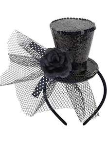 1pc Black/Red Miniature Top Hat Headband, Adorable Bow & Mesh Decor, Suitable For Party, Gathering, Tea Party, Teen BBQ, Music Festival - Multicolor - View 2