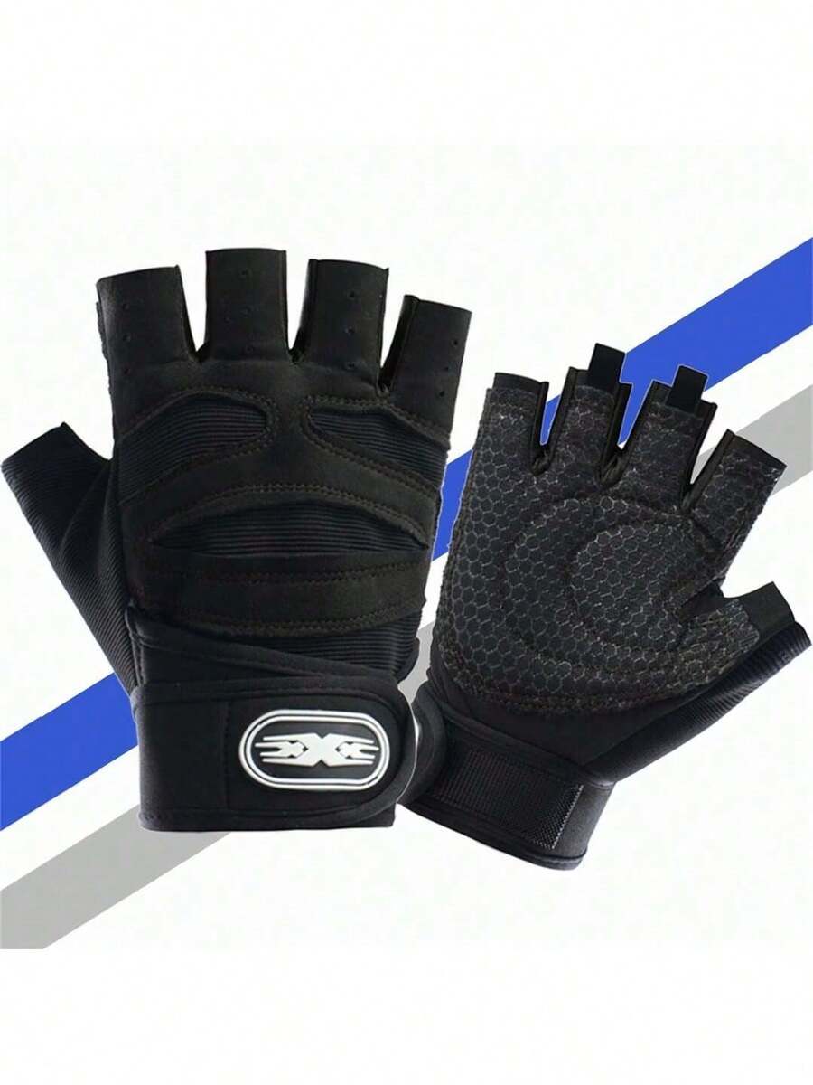 1 Pair Unisex Gym/Workout Gloves, Anti-Slip Palm, Breathable Mesh Back, Wrist Support, Fingerless Design, Suitable For Summer Outdoor Sports - Black - View 1