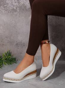 女式 5 厘米坡跟休闲办公室通勤一脚蹬尖头白色亚麻乐福鞋