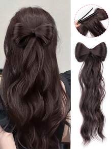 蝴蝶结夹马尾辫接发半马尾辫棕色 12/14 英寸马尾辫接发女士卷发波浪马尾辫儿童蝴蝶结形马尾辫黑色合成发夹假马尾辫女童假发日常派对使用 - 彩色 - 查看 2