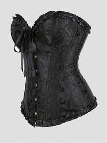 女式花卉提花荷叶边下摆紧身胸衣短款上衣，紧身腰部束腰上衣，适合新年派对、情人节、节日、圣帕特里克节、万圣节服装