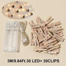 1条家居装饰木质夹子铜线灯串，1-10米，照片夹装饰灯串，适用于卧室墙面装饰、婚礼装饰、生日派对装饰、情人节装饰灯串（夹子数量可能存在2-3个误差） - 銅線+木夾子 - 查看 16