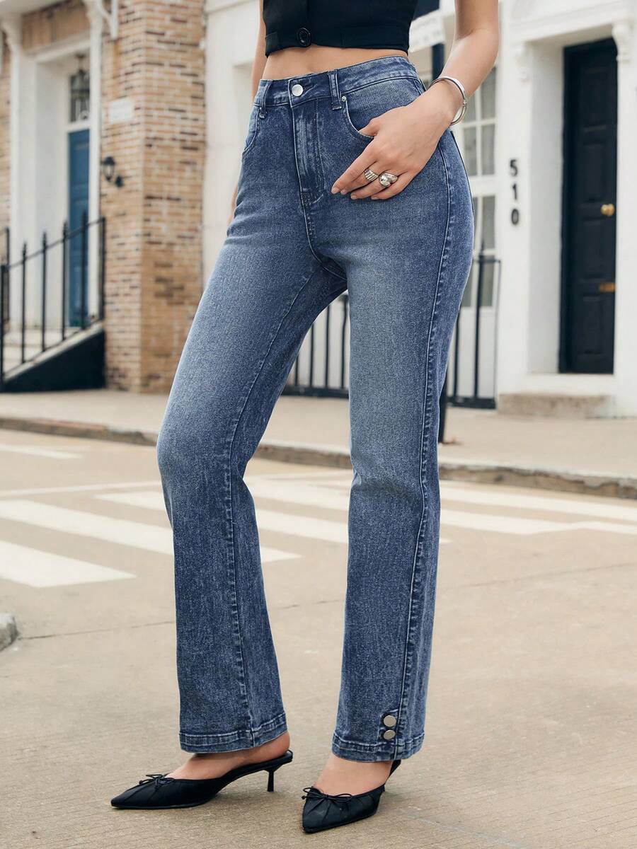 女式新款松紧腰直筒牛仔裤