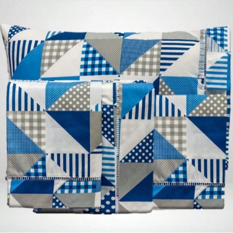 QUEEN Fitted Sheet Set 3 Pieces 100% Printed Cotton, Pillowcase With Toothpick Tip - (Own Bed Linen) - Hình học màu xanh - Xem 1