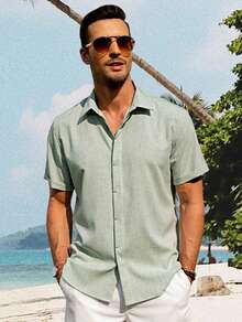 Camisa Casual de verano para hombres de unicolor, Camisa de Lino de Manga Corta - Verde claro - Ver 7