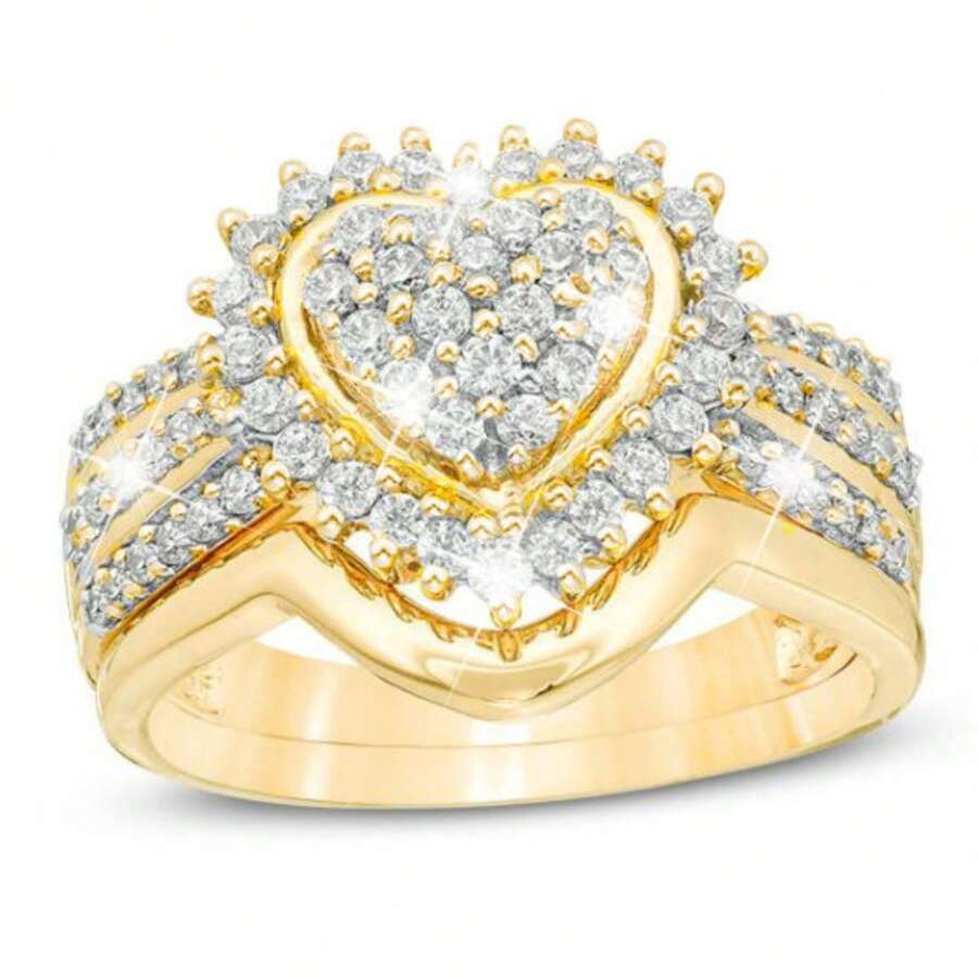Set de 2 anillos de moda para mujer, anillos de aleación con lustrosa circonita cristalina decorada con corazón, adecuado para el Día de San Valentín, vacaciones, trayecto, citas, fiestas, bodas, compromisos, regalo para esposa, novia, madre, aniversario, Año Nuevo, todas las temporadas
