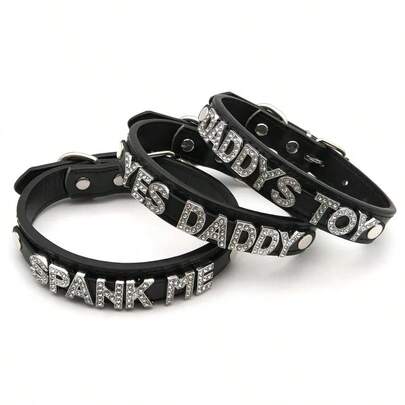 1 pieza Accesorio de lencería sexy, Collar de cuero de PU con letra de rhinestone, Gargantilla de cuero negro de estilo punk unisex, Accesorio de cosplay, Accesorio de lencería sexy, Adecuado para Halloween, Navidad, San Valentín, citas, fiestas