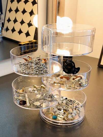 1个透明旋转首饰收纳盒，多层隔层，王子风INS风配饰整理盒，可收纳项链、手链、戒指、耳环——春季衣橱必备，母亲节礼物，桌面或梳妆台收纳，方便旅行携带，透明盒盖，快速取用设计，节省空间的家居收纳神器，优雅简约的展示托盘