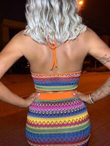 Manon Tanti 地球印花對比綁帶無背心背心上衣和裙子套裝 - 橘色 - 查看 8