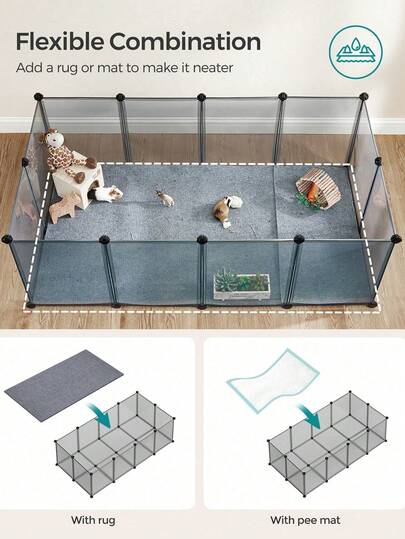Pet Playpen With Floor, Small Animal Enclosure, DIY Plastic Cage, Indoor Run For Hamsters, Rabbits, Hedgehogs, Guinea Pigs, 143 X 73 X 46 Cm, Grey