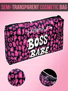 Misslyn Pink Leopard Print Large Capacity Makeup Bag, Convenient To Carry, Fashionable And Charming, Suitable For Various Occasions, Suitable For Travel, Easy To Clean, Multi-Purpose, Fashionable And Foldable Commuter Makeup Bag - Pink - View 3
