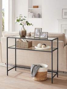 Console Table, Side Table, Tempered Glass Tabletop, Modern Sofa Table, Easy Assembly, With 2 Shelves, Adjustable Feet, For Living Room, Hallway, Black - Black - View 2