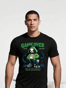Hombres Playeras Negra Camiseta con Personaje de Juego de Panda en Estilo Cool - Negro - Ver 1